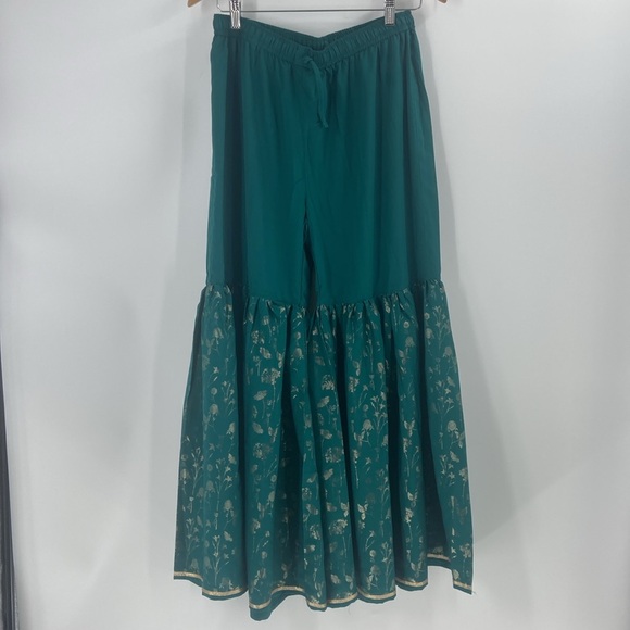 Janasya 2 Peice set teal green tunic & flare bell bottoms gold metallic florals - Picture 4 of 16